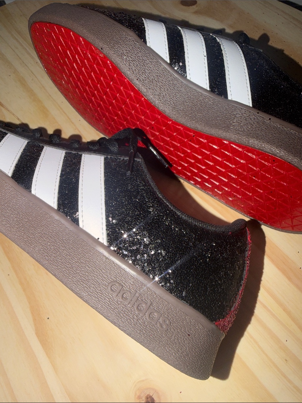 CUSTOM adidas Black Sneakers with White Stripes and Red Heel